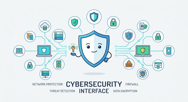 Cybersecurity interface with central shield character and icons