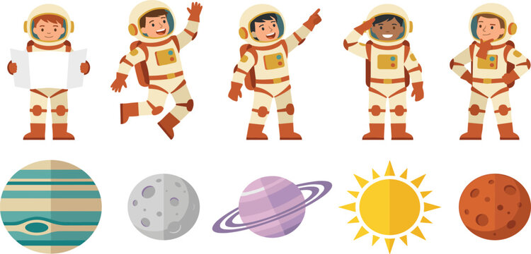 Cartoon Kid Astronaut and Solar System Planet Vector Icon Set with Sun, Moon, and Mars Illustrations for Education Designs