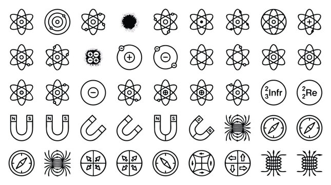 Comprehensive set of physics and science line icons featuring atoms, magnets, laboratory equipment, and molecular structures on a clean white background for educational and research design use.