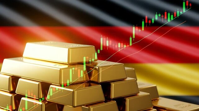 German Gold Reserves: A stack of gleaming gold bars sits in front of the German flag, overlaid with a rising stock market graph, symbolizing economic strength and investment.