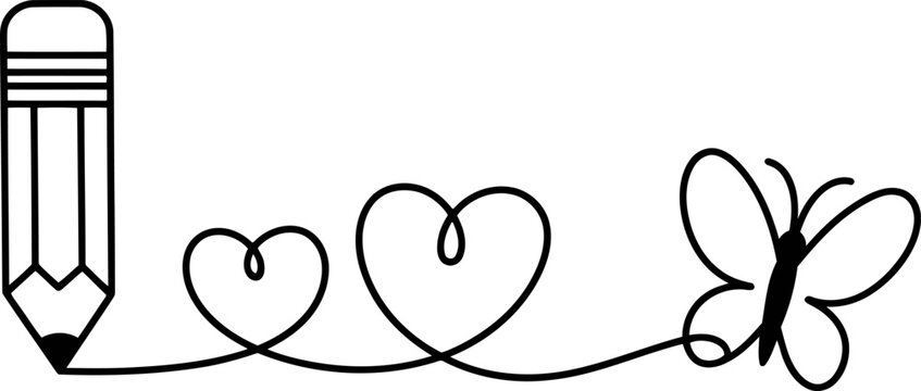Continuous line of a pencil, two hearts, and a butterfly on a white background (55