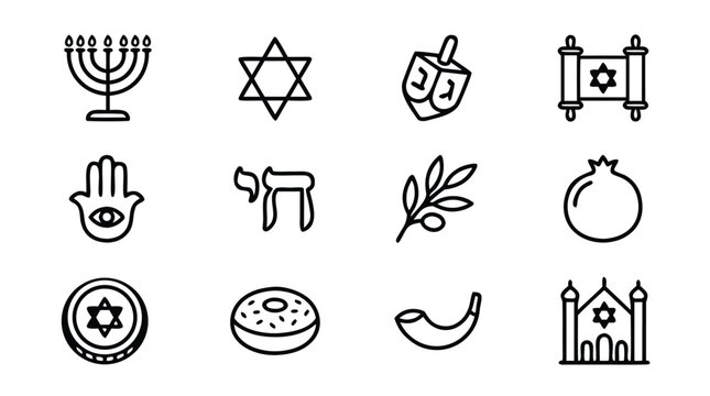 Beautiful set of 12 jewish symbol and hanukkah line icons with a minimalist vector design, highlighting uniform stroke widths and organized layouts, perfect for cultural and religious celebrations.