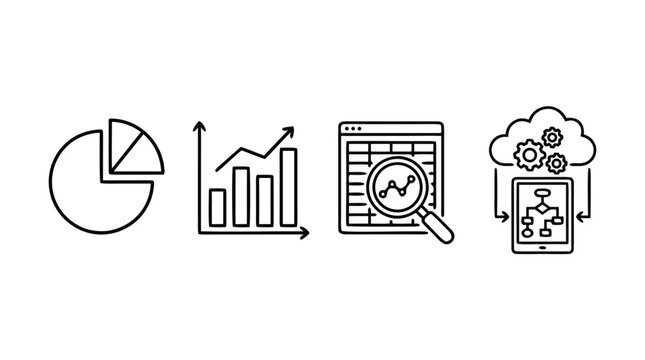 Professional line art vector icons for data analysis and business statistics featuring pie charts bar graphs and magnifying glass on data points isolated on a clean white background for web