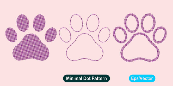 Set of three paw prints with a minimal dot pattern, vector illustration of animal footprints in different styles