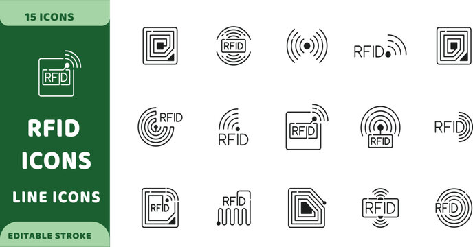 RFID vector icons. Radio frequency identification tag line signs set. Wireless technology icon
