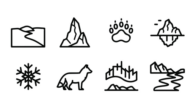 Minimalist nature line icons set, outdoor landscape symbols including mountains and river, 8 black vector elements for travel and environment design