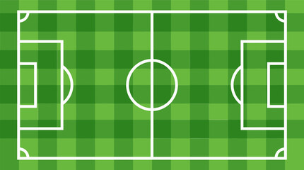 Soccer field top view vector illustration, green football pitch with checkered grass pattern, professional sports stadium background for game strategy © Zaingill