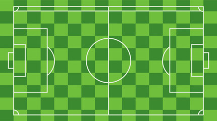 Soccer field vector illustration with checkered green grass pattern, top view football pitch background, professional sports stadium turf layout © Zaingill