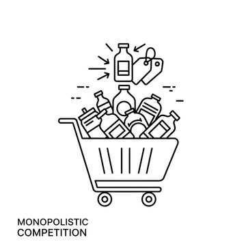 Shopping cart full of bottles, monopolistic competition concept, line art