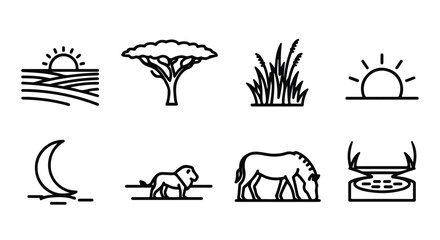African safari line icons set, 8 minimalist savanna landscape and wildlife vector elements, black outline lion and zebra symbols for travel design © stcok victer cenva