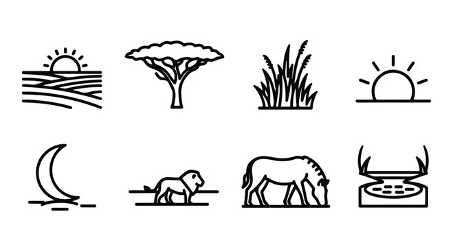 African safari line icons set, 8 minimalist savanna landscape and wildlife vector elements, black outline lion and zebra symbols for travel design