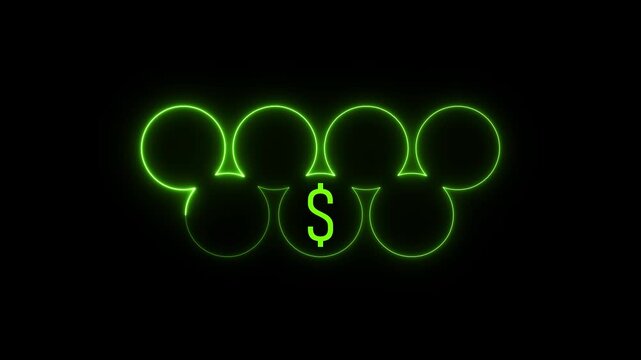 A bright green neon outline forms a pattern of interconnected circles with a dollar sign at its core, set against a deep black background, signifying financial growth or digital currency