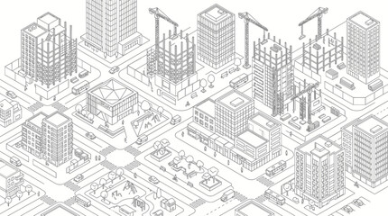 Fototapeta premium Isometric line art illustration of a modern city with buildings under construction and urban infrastructure.