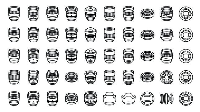Professional vector set of photography camera line icons showcasing lenses, shutters, flashes, and aperture symbols for photographers, studio services, and digital imaging software design.