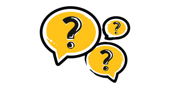 A set of yellow speech bubbles with question marks on a transparent background