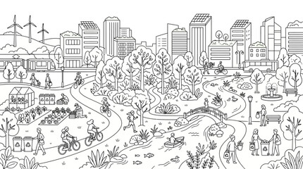Obraz premium Detailed black and white line art illustration of a bustling, eco-friendly city park with people engaging in various outdoor activities and sustainable practices.