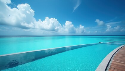 Obraz premium Infinity pool meets vast ocean blue under clear sky. Calm turquoise water creates tranquil paradise escape. Wooden deck area complements serene seascape with white clouds.