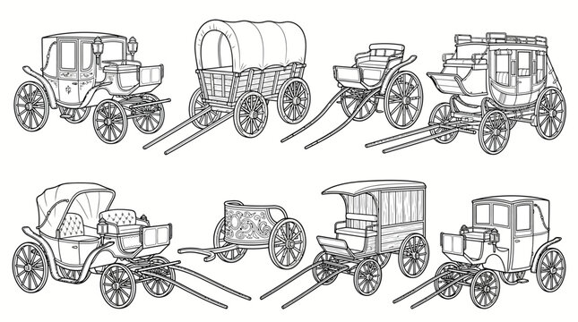 Collection of vintage horse-drawn carriages and wagons in detailed outline illustrations, showcasing various historical transport designs.