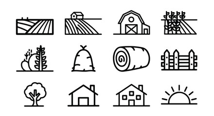 Minimalist agriculture line icons, set of 12 farm life vector symbols, rustic countryside landscape elements and barn architecture illustrations © Bismillah.com