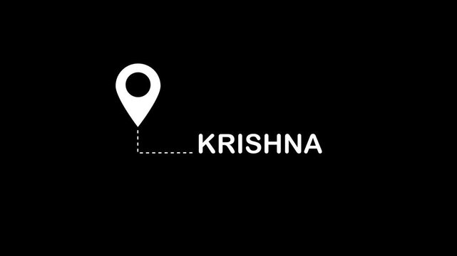 White location pin with a dashed line pointing to the word KRISHNA in white text on a black background. Keywords: location, pin, map, marker, destination, point, navigation, travel, journey