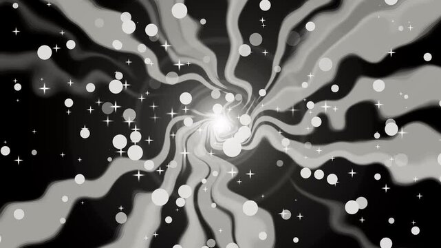 Abstract monochrome spiral vortex with glowing particles background animation