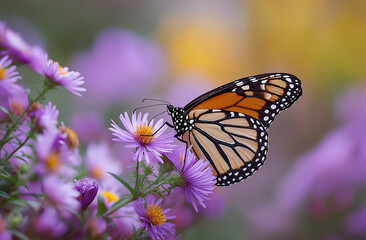 Fototapeta premium monarch butterfly with blue and black wings is perched on a purple flower. the butterfly is on the left, facing right. the flower has a yellow center
