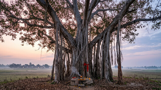 Majestic banyan tree with aerial roots at sunrise, sacred fig tree in rural landscape, ancient spiritual tree with shrine at dawn