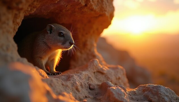 Rock hyrax looks out from rocky den during sunset. Small mammal basks in warm golden light on arid terrain. Wild animal peeks from cave at dusk.