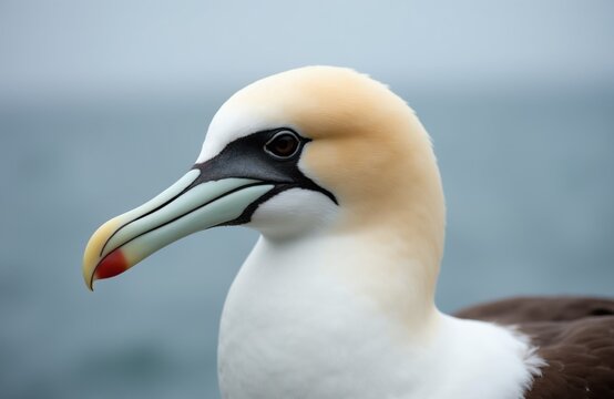 Laysan albatross bird portrait. White plumage neck, buff colored head, black eye mask, hooked beak. Ocean background blur. Seabird wildlife nature.