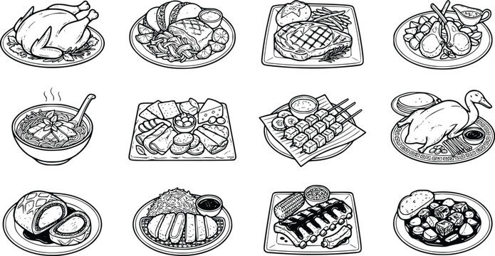 Set Ikon Aneka Hidangan Makanan dan Masakan Dunia Hitam Putih &ndash; Roast Chicken, Steak, Noodle, BBQ, Duck, dan Gourmet Food Vector Collection