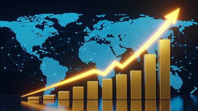 Global Economic Growth: A vibrant golden bar chart illustrates upward economic progress against the backdrop of a stylized world map.