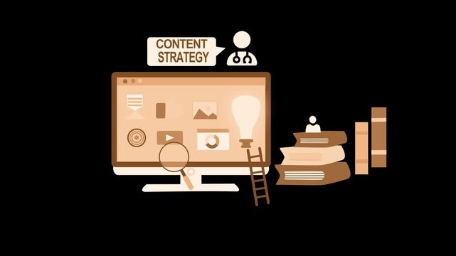 Animation of content strategy computer monitor with icons