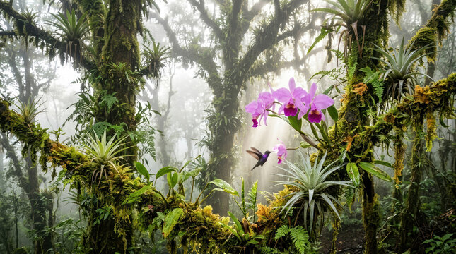 Tropical cloud forest landscape with purple orchid flowers, hummingbird hovering in misty jungle, lush green rainforest vegetation with bromeliads