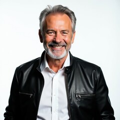 Fototapeta premium Smiling mature man with grey hair and beard wears black leather jacket over white shirt. He looks confident and stylish against white background, conveying experience and success.