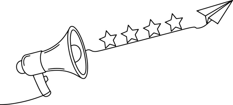 Line of Megaphone Emitting Stars and a Paper Airplane on White Background