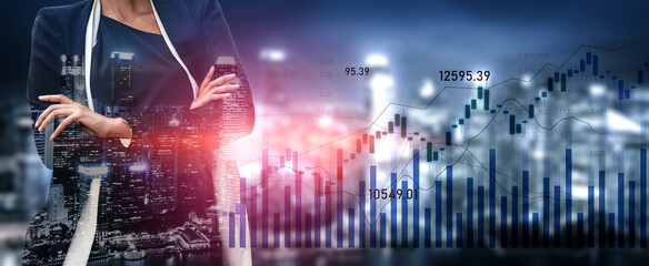 A confident businesswoman stands with crossed arms, surrounded by stock market graphs and a vibrant cityscape, representing finance, growth, and professional success. Scalp © InfiniteFlow