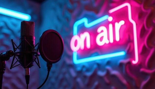 Professional studio microphone ready for recording broadcast. Neon sign says on air, indicating live show or podcast session. Modern media creation setup with colorful lights.
