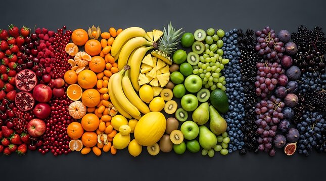 Panoramic Rainbow Gradient of Fresh Fruits on Dark Background