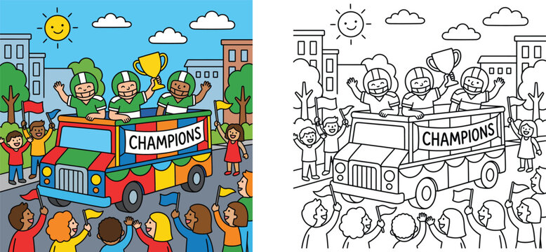 Champions parade vector illustration with colored and outline coloring page version, featuring sports athletes celebrating victory on a float with trophy, cheering crowd, and fans.
