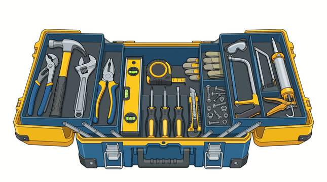 Open toolbox with various tools arranged neatly inside on a plain white background.
