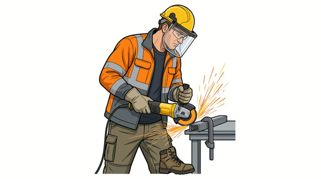 Illustration of a worker in safety gear using an angle grinder on a metal workpiece with sparks flying, against a clean white background.