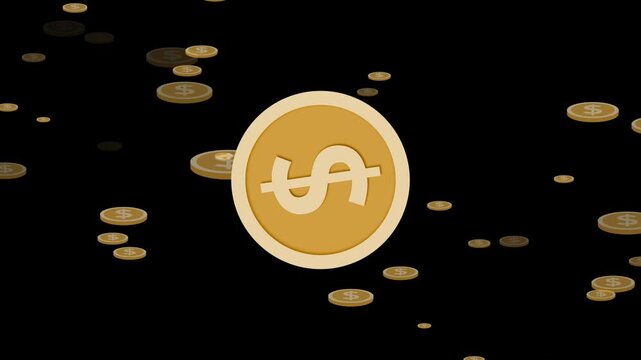 Stylized animation of falling coins with a large central coin featuring a dollar sign