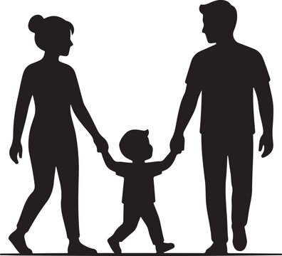 family of three walking hand-in-hand in minimalist monochrome vector silhouette, isolated on white background with simple composition