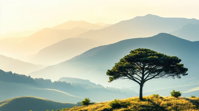 A solitary ancient tree stands tall on a misty mountain landscape under gentle golden sunlight, showcasing natural beauty.