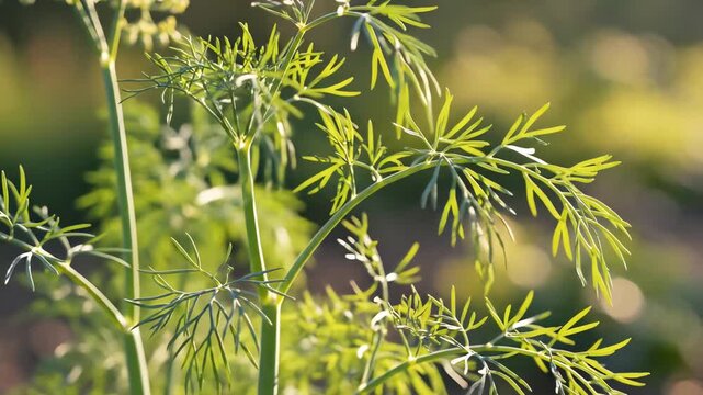 Delicate dill plant with thin feathery leaves flowing softly 