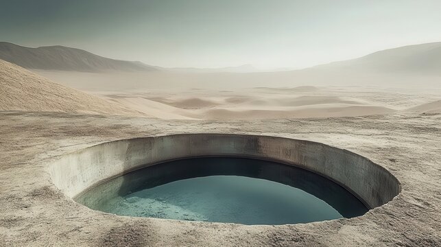 A nearly empty water reservoir in a parched desert landscape, symbolizing severe water scarcity and environmental crisis.