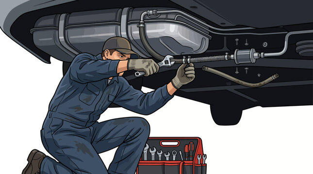 Mechanic in blue overalls and gloves crouching under a car, holding a tool and working on the underside with a red toolbox nearby, against a plain white background.