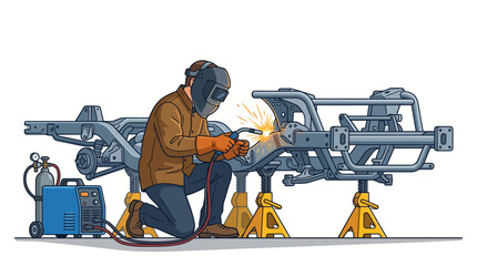 A welder in protective gear kneels and welds a car chassis on jack stands with a welding machine nearby on a plain background. © Muj