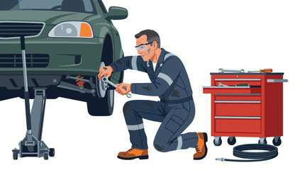 Naklejka premium Mechanic in a crouched position repairing a green car with a red toolbox nearby on a clean white background.