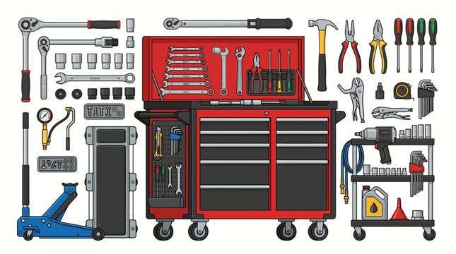 A comprehensive flat lay of various tools and equipment for automotive repair and maintenance on a clean white background.